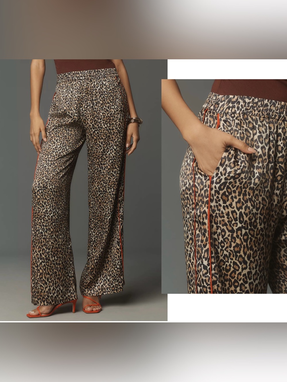 Anthropologie Leopard Pull-On Pants Wide Leg Tuxedo Stripe Fluid Satin Medium - Picture 13 of 13